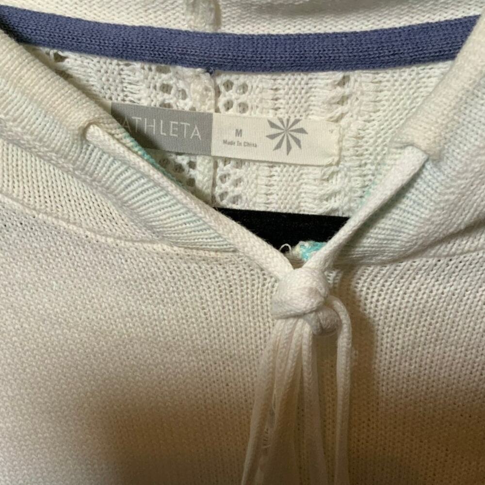 Athleta Boho Beach Hooded Crochet Knit Sweater Size Medium White Multi - Picture 3 of 5